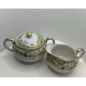 Nippon Floral Hand Painted Porcelain Creamer & Sugar Set W/Lid Vintage
